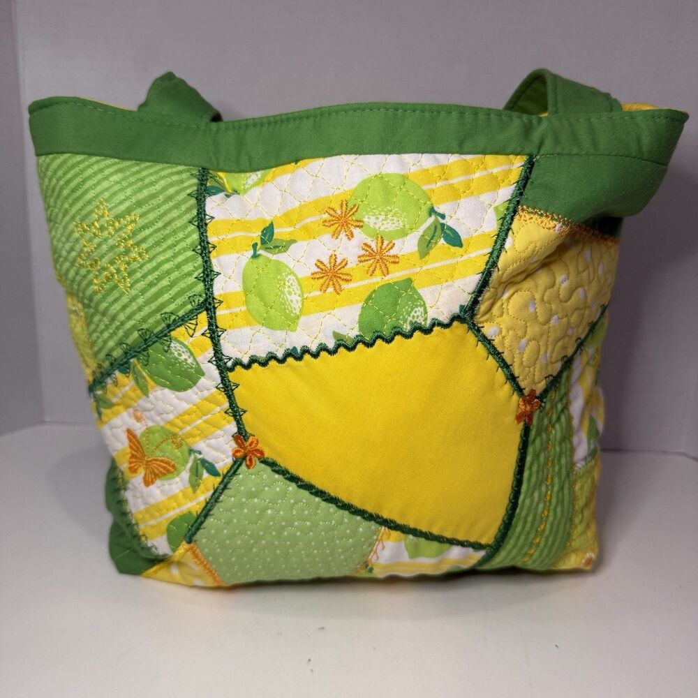 Handmade Quilted Lemon Patchwork Tote Bag Cottagecore Farmer Market Shoulder Bag